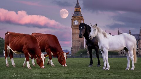 THE RED HEIFERS BIG BEN CLOCK AND THE TWO HORSES LOOSE IN UK