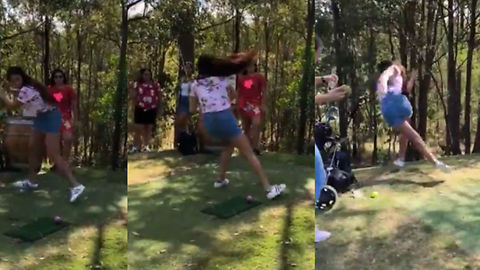 Girl Takes Herself Out Trying To Swing A Golf Club