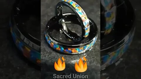 🔥🔥 TwinFlameRings.com Sacred Union Wedding Ring Set for Twin Flames, Black Ceramic Band Inlaid Opals