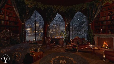 Winter Hogwarts Library | Night Ambience | Fireplace, Wind, Snowstorm & Blizzard Sounds