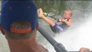 Boy's epic wipeout while barefoot skiin