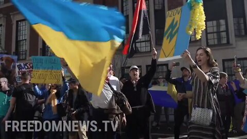 Ukrainian Nazis chant "Azov" and hold up Nazi wolfsangel signs outside the Russian embassy in NYC