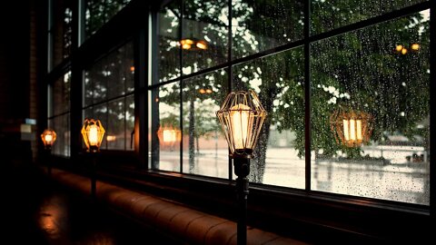 Warm comfort of a bar watching the rain pour down outside