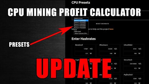 CPU MINING Profit Calculator UPDATED