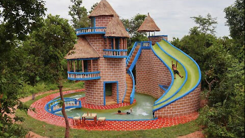 Build Creative Pretty Bricks Villa with Water Slide park and Swimming 🏊‍♂️