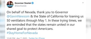 Gov. Sisolak thanks California for ventilators