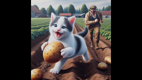 kitten is running away with vegetables from my field. The cat is running away with potatoes