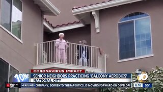 Residents at independent living facility practice "balcony aerobics"