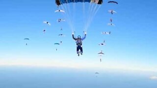 Awesome stunt sees parachutist maneuver between speeding corridor of skydivers