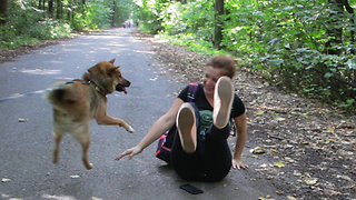 Dog overexcited to see his owner, pushes him down on the ground