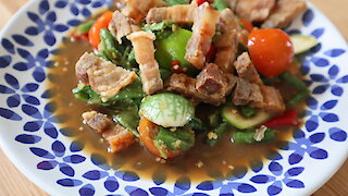 Spicy Thai longbean salad with fried pork belly (Som Tum Tua Moo Tod)