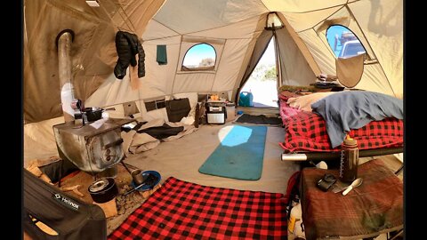 Living Off-Grid in a Tent w/ Wood Stove: Sierra Update, Installing Backpacking Stove in Awning Room