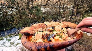 Best Sea food Chowder with freshly baked bread in variable weather | ASMR cooking in the wild