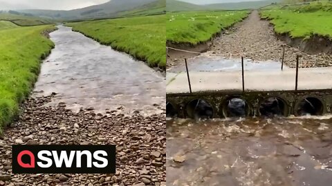 Remarkable moment dry stream fills up to transform into fast-flowing river in matter of minutes