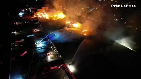 Drone video of massive paper mill fire in Menominee, Michigan