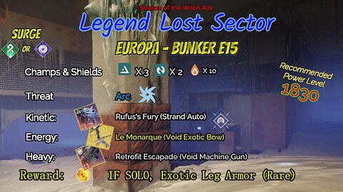 Destiny 2 Legend Lost Sector: Europa - Bunker E15 on my Arc Titan 11-3-23