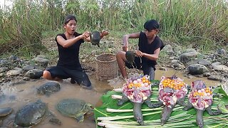 Survival skills: Turtle, catching for food near river - Turtle and egg spicy grilled for dinner