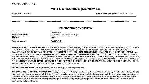 Toxicological Profile & Data Sheet On Health Hazards Of Vinyl Chloride