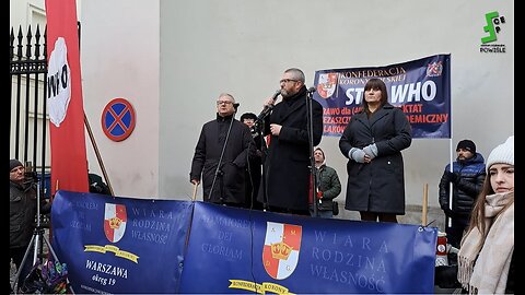 Włodzimierz Skalik, Grzegorz Braun, Janusz Korwin-Mikke i Ryszard Zajączkowski na proteście Stop WHO 01.12.2023