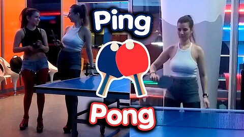 Playing pingpong with friend in tights