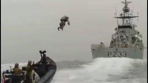 Royal Marines performing boarding exercises using jetpacks