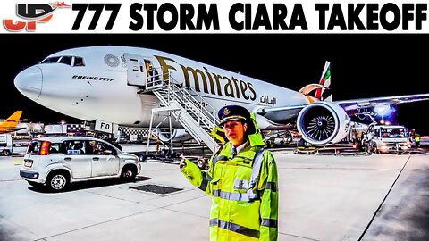 EMIRATES Boeing 777 Takeoff during Storm Ciara - 90km/h windgusts at Frankfurt