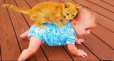 Funniest baby and cat are bast friends