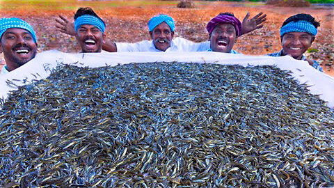 10 MILLION TINY FISHES | Ayira Meen | Rare River Fish Cleaning and Cooking In Village | Fish Recipes