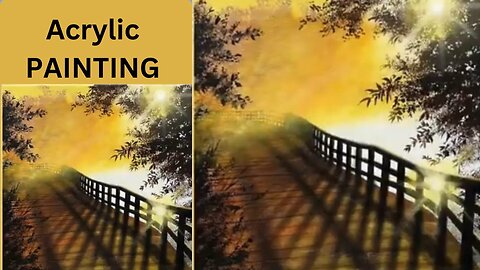Yellow Sunrise Over Foggy Morning Lake / Acrylic Painting