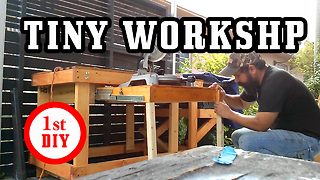 Tiny outdoor workbench flip out miter station and table saw