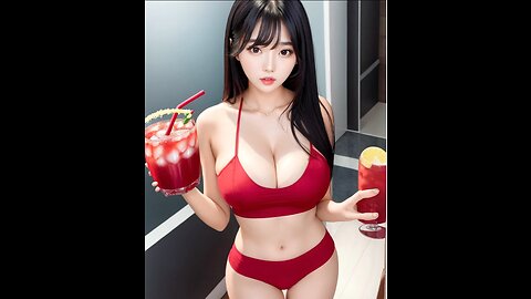 AI Hot Women Lookbook: Asian Girl w/ Red Suit & Strawberry Coffee