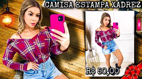 ANIVERSÁRIO SHOPEE 7.7 FESTA DE OFERTAS 2022 Camisa Estampa Xadrez Ciganinha com Alcinha Feminina!