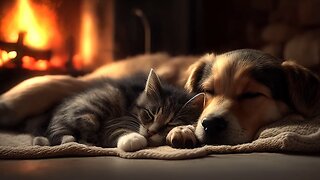 Cozy Christmas Ambience | Sleepy Pets by the Crackling Fireplace | Soothing Ambient Piano Music