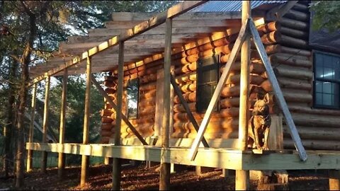 Off Grid Log Cabin Build #25e Porch Rafters