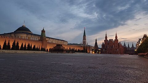 Deserted Red Square, chimes and sunset over the Kremlin