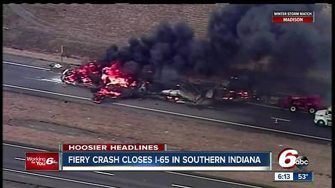 Crash involving multiple semi caused chemical spill, large fire on I-65 in Jackson County