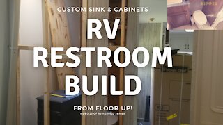 RV bathroom Remodel, Part 2 custom sink install. New walls, toilet, cabinets, faucet!