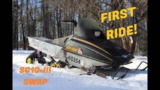 1980 Skidoo Everest 136" Skid Swap. First test Ride! Part 3 of a vintage mod sled build.