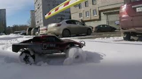 Snow wheels on a radio-controlled car.