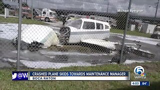 Crashed plane skids towards worker in Boca Raton