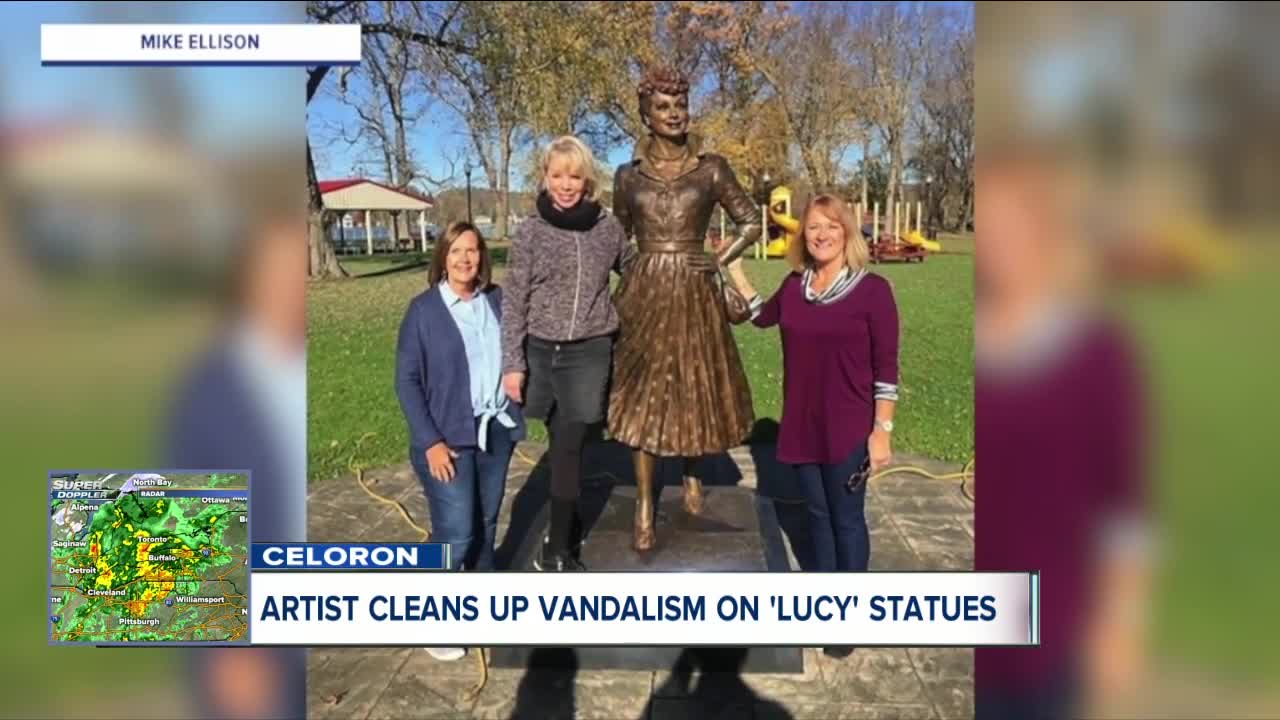 Artist cleans up vandalism on 'Lucy' statues