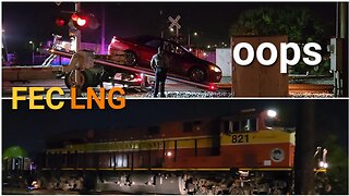 Car on the tracks and FEC LNG locomotives Daytona Beach Florida