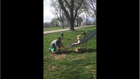 Dad fails at catching daughter off slide