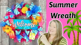 Welcome Summer Wreath ~ Dollar Tree Summertime Wreath No Fray Deco Mesh Wreath Folded Ruffle Method