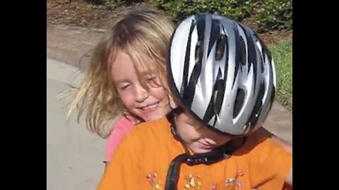 Big Sister Teaches Baby Brother to Ride a Bike without Training Wheels! Watch to the End