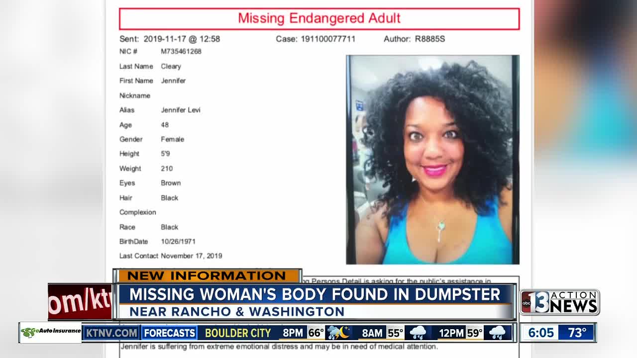 Missing woman found dead in a dumpster