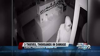 Three suspects broke into local pharmacy, stole more than $1,000 and caused thousands in damage