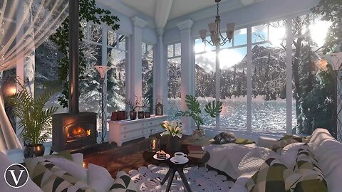 Winter Lake House | Daytime Ambience | Fireplace & Snowstorm/Blizzard Sounds