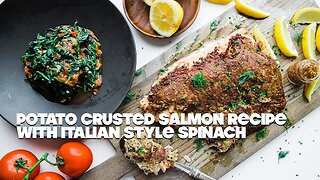 Shredded Hash Browns Crusted Salmon with Sautéed Spinach Recipe