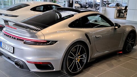 [8k] BRUTAL Porsche 992 Turbo S GT Silver with Carbon Mirror housings at Porsche Center Stockholm